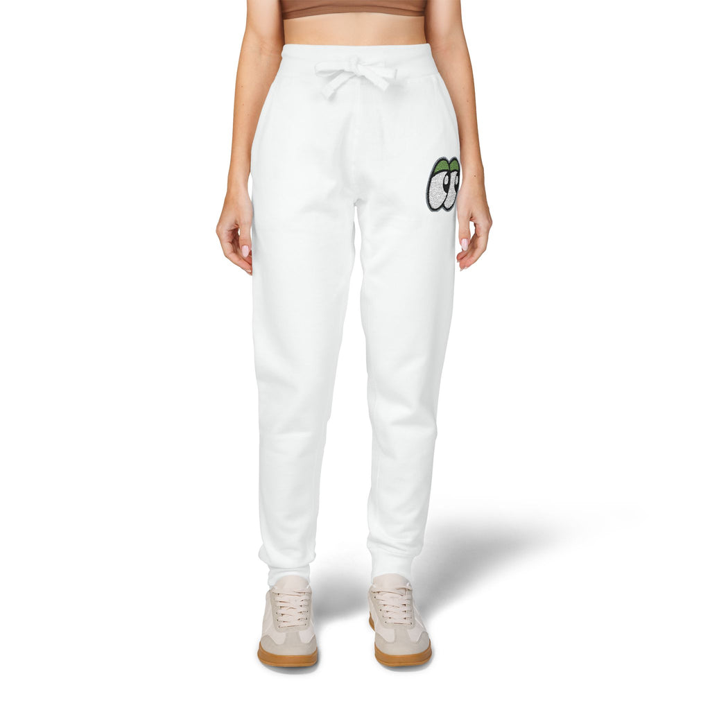 Embroidered Lookouts Eyes Fleece Sweatpants — White Cozy Joggers