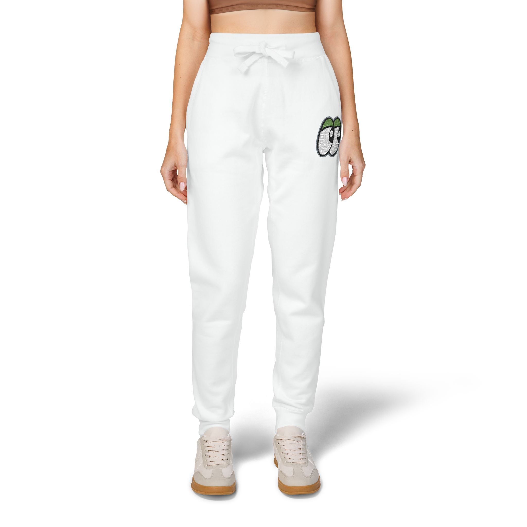 Embroidered Lookouts Eyes Fleece Sweatpants — White Cozy Joggers