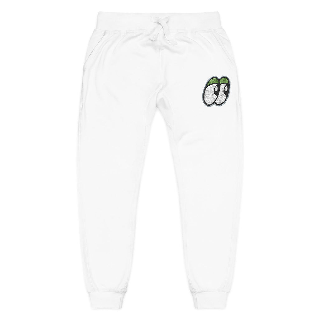 Embroidered Lookouts Eyes Fleece Sweatpants — White Cozy Joggers